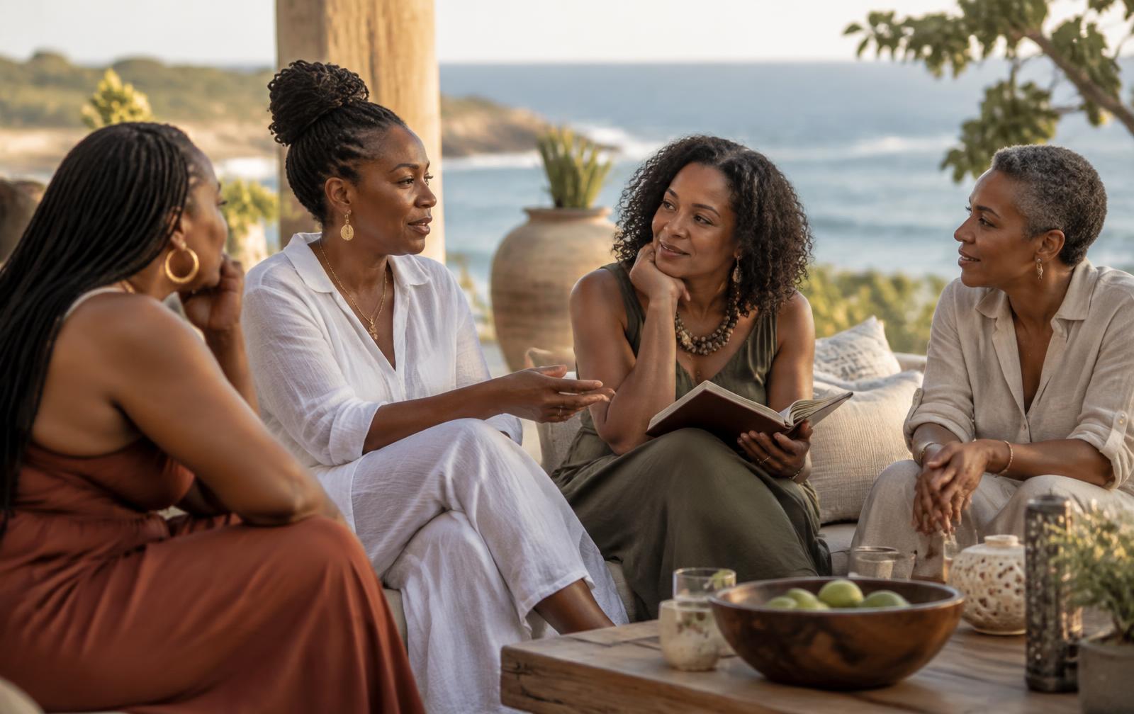 A small group of Black women in thoughtful conversation on a shaded oceanfront terrace, one holding a journal