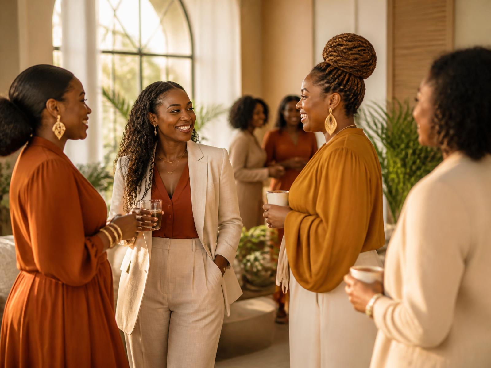 Professional Black women in warm conversation in a sunlit, plant-filled gathering space